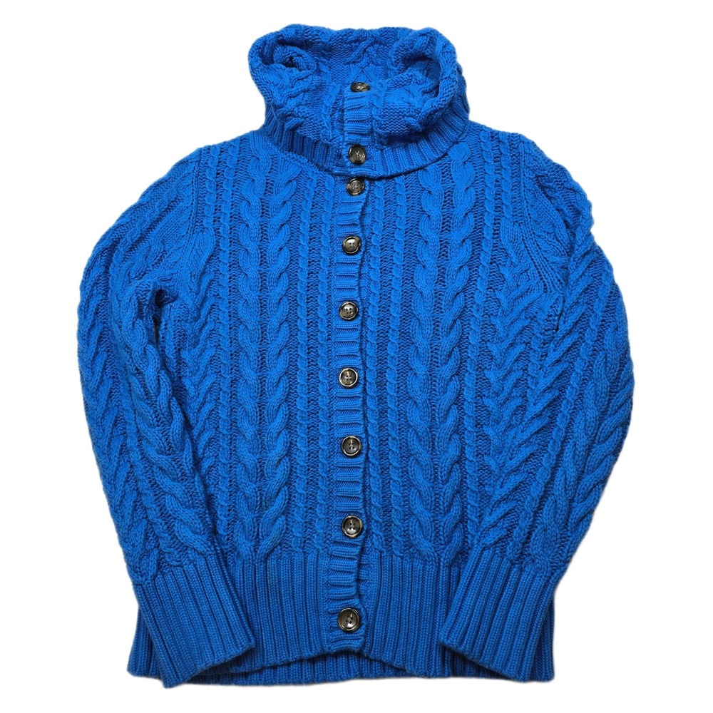 Lands End Turtleneck Cardigan Sweater‎ Womens Medium Blue Button Cable Knit